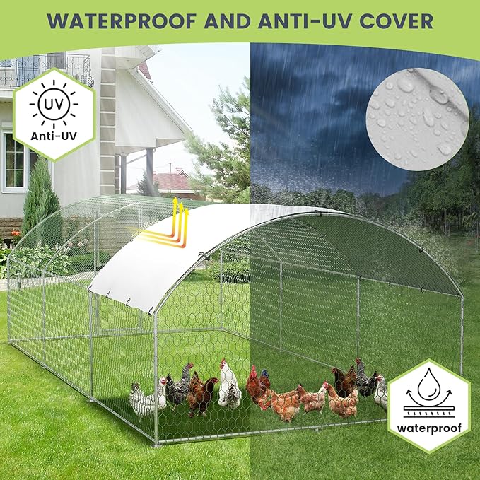 Large Metal Chicken Coop Run,Outdoor Walk-in Cage Peak Hen House with Waterproof and Anti-Uv Cover,Dome Roof Hen House with Security Lock for Outdoor,Backyard and Farm, 9.8 x 19.7 x 6.6 ft