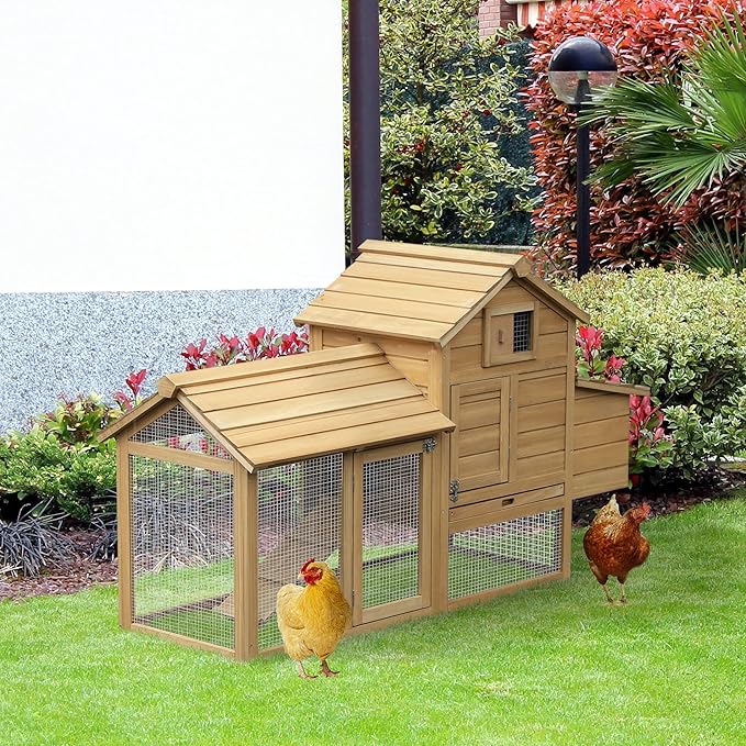 PawHut 59" Small Wooden Chicken coop Hen House Poultry Cage for Outdoor Backyard with 2 Doors, Nesting Box and Removable Tray, Natural Wood
