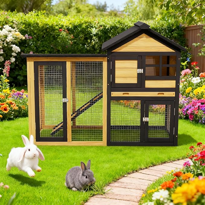 Chicken Run Coop, Wooden Duck Coop Outdoor 2-Tier Hen House All Weather Used Poultry Quail Cage Rabbit Hutch Pet Hideout with Ramp for Small Medium Animals (Natural Wood)
