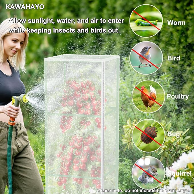 Garden Bird Netting Plant Cover for Square Tomato Cage, 59" x 17.7" Insect Barrier Tomato Cage Net with Zipper and Drawstring, Tomato Trellis Netting Protection Cover for Protecting Plant (3 Pack)