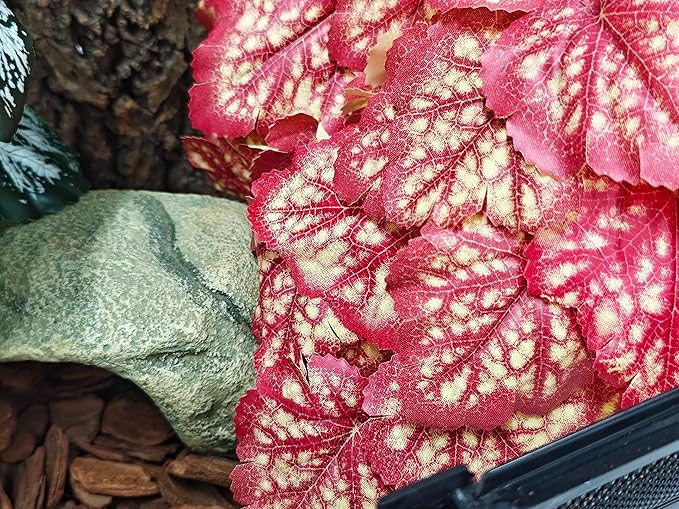 Woyrise Reptile Plants, Terrarium Hanging Plant Vines, Artificial Leaves with Suction Cup, Bearded Dragon Tank Accessories for Gecko Lizard Snake Frog Tortoise Decorations - Pink Heuchera