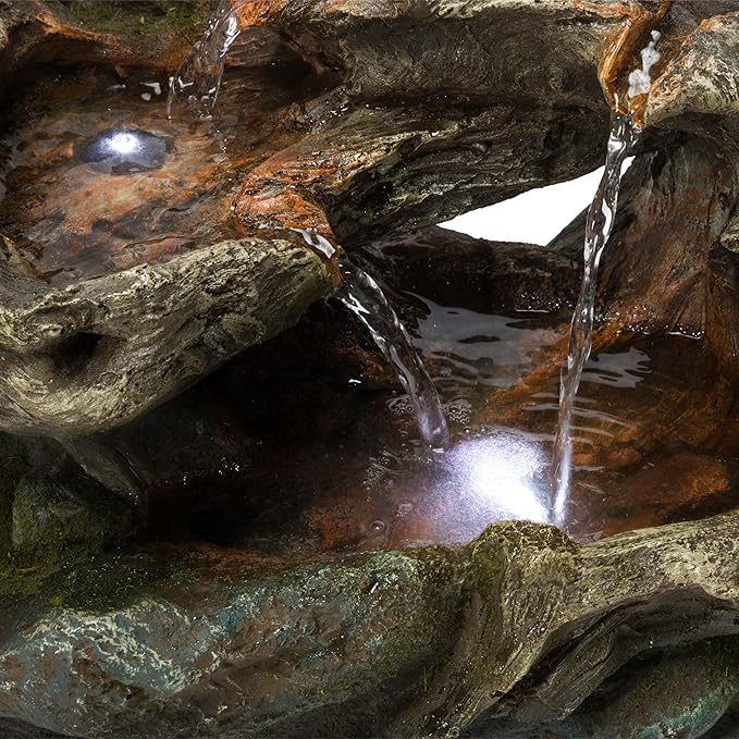 Alpine Corporation WIN1334 10" Tall Tabletop 3-Tier Waterfall Rock Fountain with LED Lights, Indoor Decorative Water Feature for Desk, Table, Office, and Home, Brown