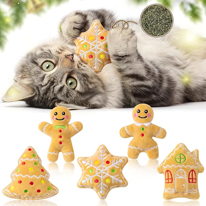 MALLMALL6 Catnip Toys for Cat - 5Pcs Christmas Gingerbread Catmint Interactive Cat Toy for Indoor Kitten, Soft Kitty Supplies, Kitten Teething Chew Kick Toy Set, Pet Xmas Gifts for Kitty Lover