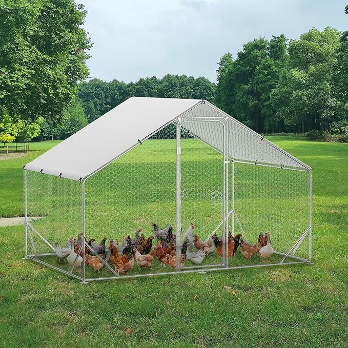 Large Metal Chicken Coop Run,Outdoor Walk-in Cage Peak Hen House with Waterproof and Anti-Uv Cover,Spire Roof Hen House with Security Lock for Outdoor,Backyard and Farm, 9.8 x 6.5 x 6.5 ft