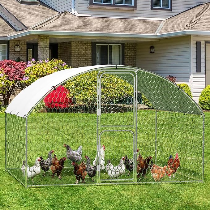 Large Metal Chicken Coop Run,Outdoor Walk-in Cage Peak Hen House with Waterproof and Anti-Uv Cover,Dome Roof Hen House with Security Lock for Outdoor,Backyard and Farm, 9.8 x 6.5 x 6.5 ft