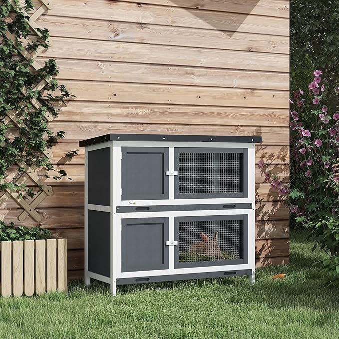 PawHut Wooden Bunny Rabbit Hutch, Small Animal Habitat with Ramp, Removable Tray & Weatherproof Roof, Indoor/Outdoor, Grey