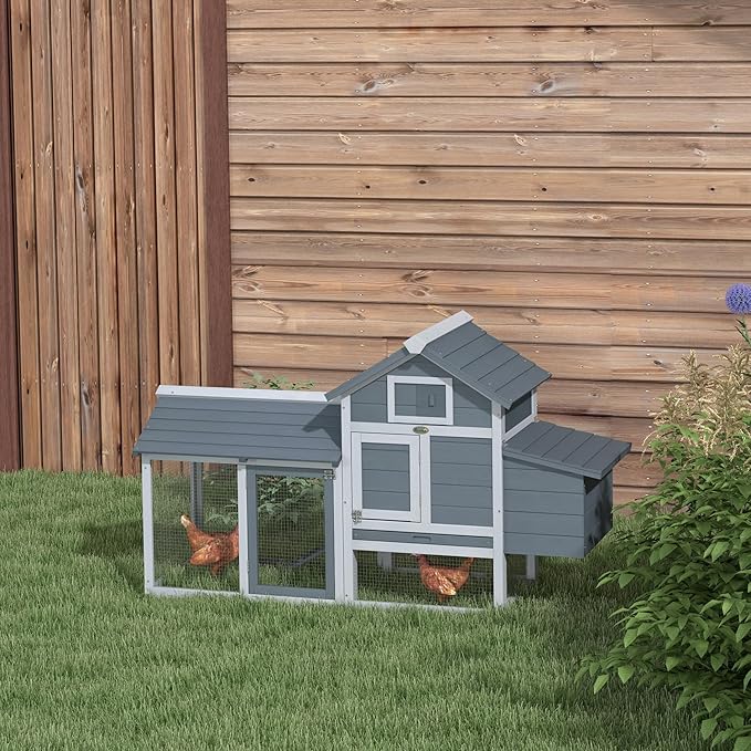 PawHut 59" Small Wooden Chicken coop Hen House Poultry Cage for Outdoor Backyard with 2 Doors, Nesting Box and Removable Tray, Gray