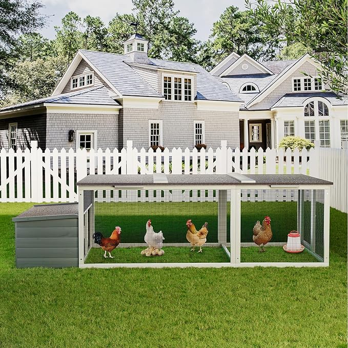 20.93ft² Large Wooden Chicken Coop with Run and Nesting Box – Outdoor Hen House with Weatherproof Asphalt Roof, Secure Wire Enclosure & Easy-Clean Design for 3–4 Chickens Gray