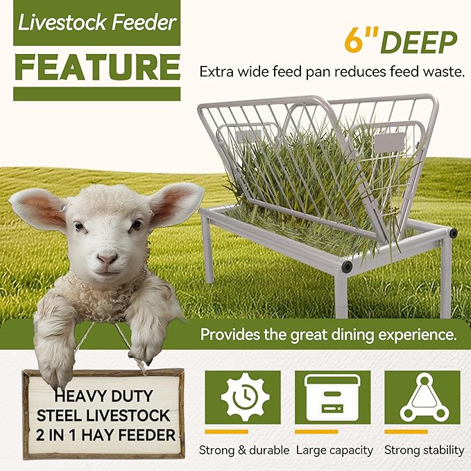 Kojem 4 Ft Long Livestock Feeder, Heavy Duty Steel Livestock 2 in 1 Grain & Hay Feeder, Outdoor Pasture Feeder with Feeding Pan for Goats, Sheep,Ponies, Cow, Horse for Farms, All Weather Feeder