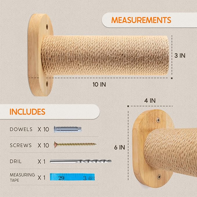 2-Pack Cat Wall Steps - Wooden Cat Shelves for Wall Mounting, Wall Shelves and Perches for Kittens & Adult Cats - Wall Furniture Set with Jute Rope for Scratching, Kneading, Climbing.