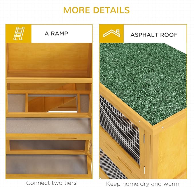PawHut Wooden Bunny Rabbit Hutch, Small Animal Habitat with Ramp, Removable Tray & Weatherproof Roof, for Rabbits, Chickens, Ducks, Indoor/Outdoor, Yellow