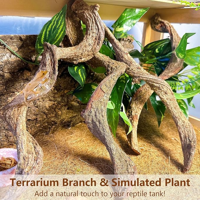 BNOSDM 4PCS Natural Reptile Climbing Branches Decor,0.8-1.2" Thick Snake Climbing Forest Wood with Plant Leaf Decor,Lizard Forest Branch,Geckos Tank Tree Trunk Accessories for Bearded Dragons