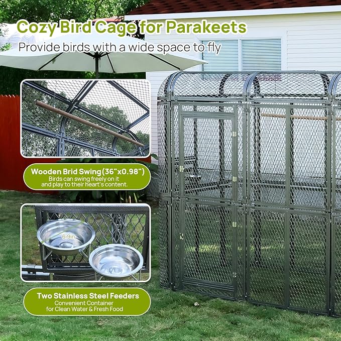 Large Walk-in Cage 77-inch Heavy Duty Birdcage Outdoor Diamond Grid Aviary Parrot Cage Wide Flight Metal Birdcage for Macaw Budgie Conure Lovebird Parakeet Cockatiel, 6.4x3.87x5.91ft, Silver