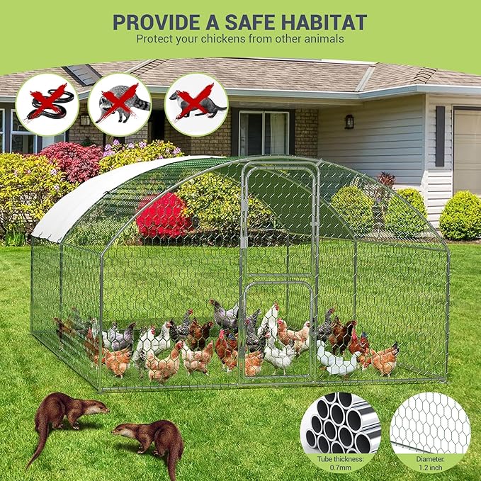 Large Metal Chicken Coop Run,Outdoor Walk-in Cage Peak Hen House with Waterproof and Anti-Uv Cover,Dome Roof Hen House with Security Lock for Outdoor,Backyard and Farm, 9.8 x 13.1 x 6.6 ft
