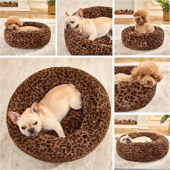 Dog Calming Beds for Small Medium Large Dogs - Round Donut Washable Puppy Dog Bed, Anti-Slip Faux Fur Fluffy Donut Cuddle Anxiety Cat Pet Bed (32" Leopard Print)