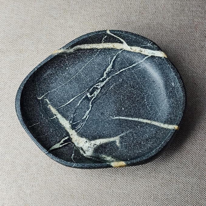 Natural River Stone Reptile Food Bowl - Handmade Pebble Dish for Reptiles, Amphibians, Hedgehogs, and Small Pets - Unique Size, Shape & Color - Water & Food Bowl (Black)