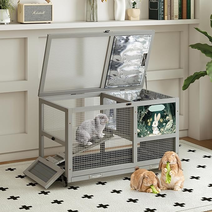 COZIWOW 36.5-Inch Double-Decker Wooden Insulated Rabbit Hutch with Wheels, Heated Rabbit Cage Featuring A Cleaning Tray and Ladder—Stylish&Easy to Assemble（Grey and Warm）