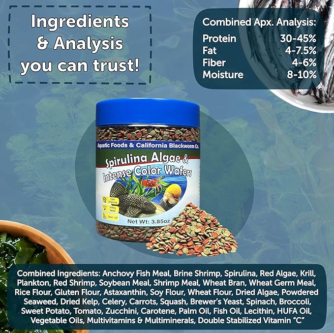 Aquatic Foods Inc. 3.5mm - 1/8" Sinking Wafers of Spirulina, Algae & Color Enhancing Wafers for Bottom Fish, Shrimp, Snails, Tropicals. 4-Type Wafer & 12-Type Pellets Included...1-lb 6oz Canister