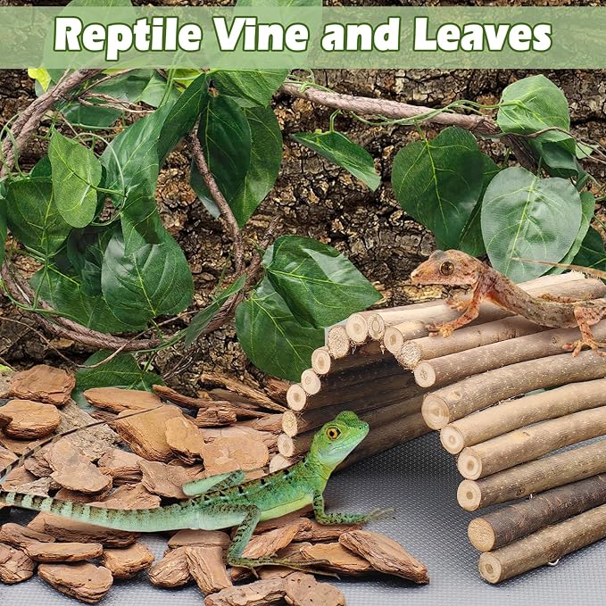 kathson Bearded Dragon Tank Accessories, Large Reptile Hide Wooden Bridge Seagrass Hammock Jungle Climber Vines Leaves and Plant Reptile Habitat Decor for Chameleon Lizards Gecko Snakes Climbing