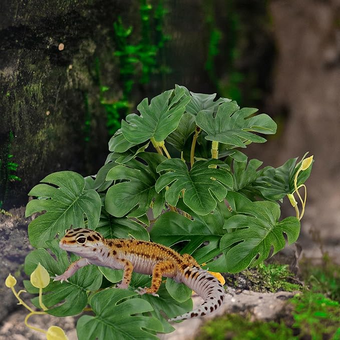 2Pcs Reptile Plants for Terrarium, Amphibian Habitat Decor Plant, Snake Tank Accessories, Artificial Plants for Gecko Lizard Chameleon Tortoise with Base - Fake Monstera