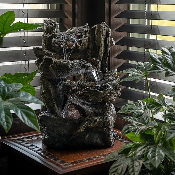 Alpine Corporation | 14"H Indoor Tiered Log Tabletop Fountain with LED Lights — Cascading Waterfall Design Creates Relaxing Ambiance for Home & Office Décor