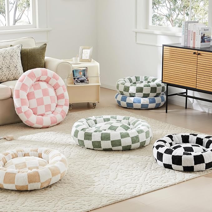 Checkered Cat Dog Bed, Cute Sage Green Retro Style Aesthetic Round Warming Pet Calming Beds for Small Dog and Cats, Plush Cozy Donut Beds Washable, 23" L x 23" W x 8" Th