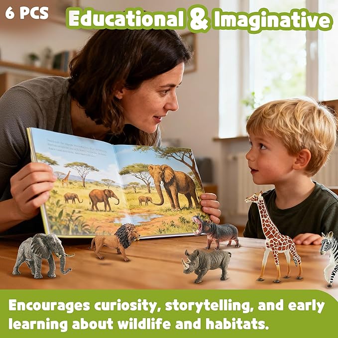 6PCS Safari Animal Figure Toys for Kids 3-5 Realistic Plastic Jungle Animal Figurines African Wildlife Learning Toys for Kids Boys Girls Toddlers