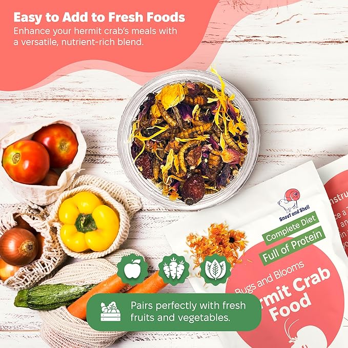 Snout and Shell Bugs and Blooms Hermit Crab Food - 1 oz - 30 Grams - Whole Food Diet for Hermit Crabs - Seeds, Bugs and More