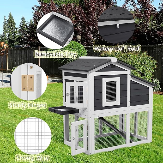 Bunny Cage Premium Rabbit Hutch with Leak-Proof Roof, 2-Story Bunny House for Guinea Pigs & Hamster,Wooden Chicken House with Deep Pull-Out Tray, Waterproof Chicken Coop for Outside
