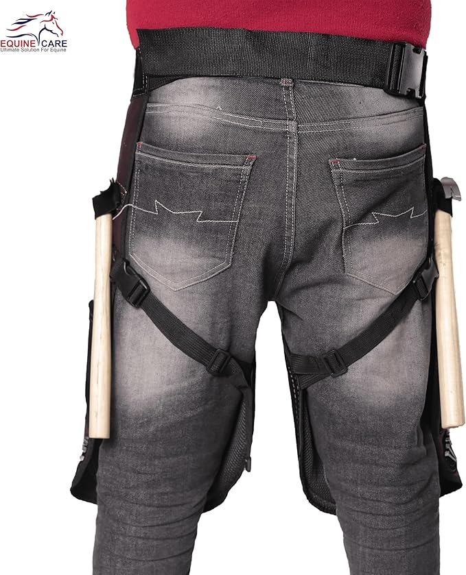 Equine Care Farrier Apron Chaps – 2mm Cowhide Suede Leather, 500 GSM Canvas, 23" Length, Adjustable Waist (28–52"), Ambidextrous Knife Pockets, Magnets & Loops – Horseshoeing & Hoof Trimming.