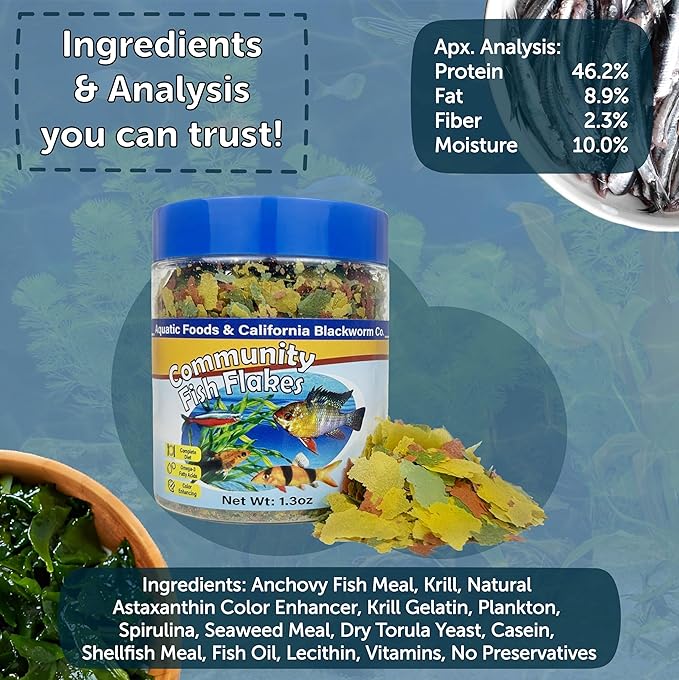 Aquatic Foods Inc. Community & Tropical Fish Flakes, for Angel Fish, Guppies, Live Bearers, Loaches, Gouramis, Catfish, Cichlids, 12-Type Pellet Mix & 4-Type Wafer Mix Included...1.30oz Canister