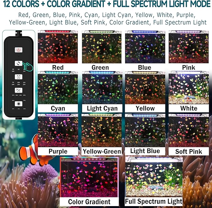 24/7 Mode LED Aquarium Light for 12-18 Inch Plant & Fish Tank, IP68 Full Spectrum Light, Sunrise-Daylight-Moonlight, White Red Green Blue Pink LEDs with Extendable Brackets for Freshwater