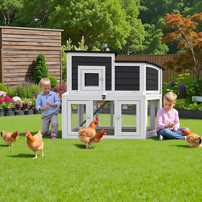 Chicken Coop Outdoor Wooden for 2-4 Chickens with Asphalt Waterproofing Roof, Runways, Pull-Out Trays and Openable Top for Backyard and Indoor (Black and White)