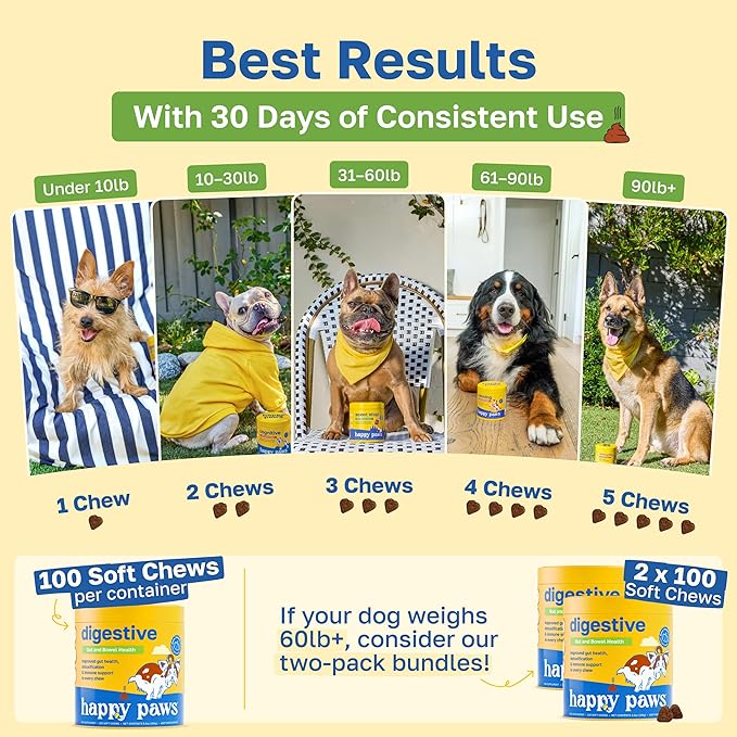 Happy Paws Digestive Supplement for Dogs, Supports Gut Health for Dogs of All Breeds & Ages, Made with Probiotics, Enzyme Blend & Ginger Root, Pumpkin Flavor, Organic, Non GMO, 200 Soft Chews