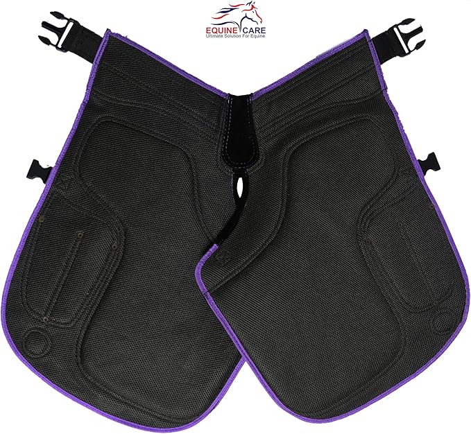 Equine Care Women’s Farrier Apron Chaps 23″ – Leather & Canvas, Adjustable 28–52″ Waist, EVA Padded Knees, Lumbar Support, 4 Knife Pockets & Nail Magnets for Hoof Trimming (Black with Purple Piping)
