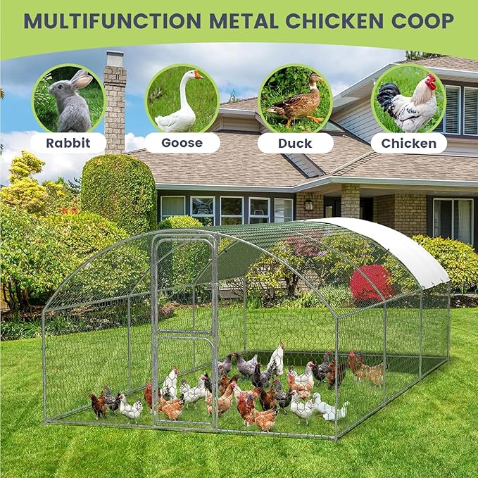 Large Metal Chicken Coop Run,Outdoor Walk-in Cage Peak Hen House with Waterproof and Anti-Uv Cover,Dome Roof Hen House with Security Lock for Outdoor,Backyard and Farm, 9.8 x 19.7 x 6.6 ft