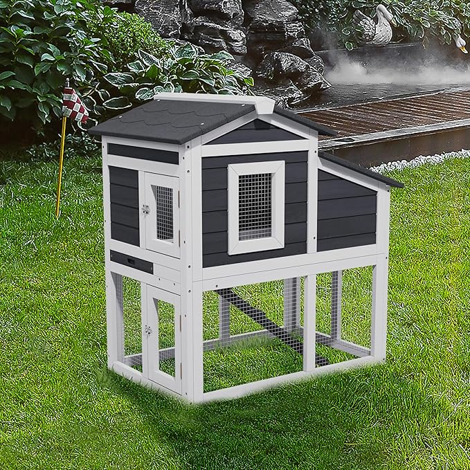 Wooden Chicken Coops with Nesting Boxes Indoor Outdoor, Small Chicken Coop for 2 Chickens, Bunny House Rabbit Hutch Poultry Pet Run Cage with Waterproof Roof, Stairs&Removable Tray