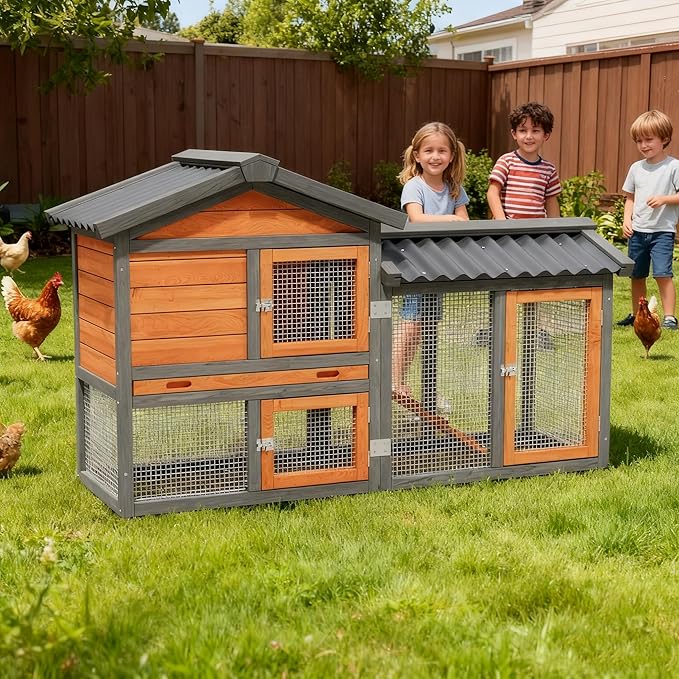 Chicken Coop Outdoor 2-Tier Hen House All Weather Cage Rabbit Hutch Pet Hideout with Ramp,Waterproof Roof and Pull-Out Tray for Small Medium Animals Expandable Design (Red)