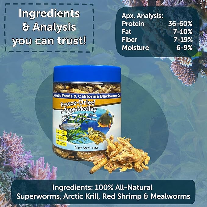 Aquatic Foods Inc. 4-Type Medley Mix of Freeze Dried Superworms, Krill, Red Shrimp, Mealworms for Monster Fish, Reptiles, Turtles, Tortoises, Frogs, Hamsters, Birds, Rodents 1oz Canister