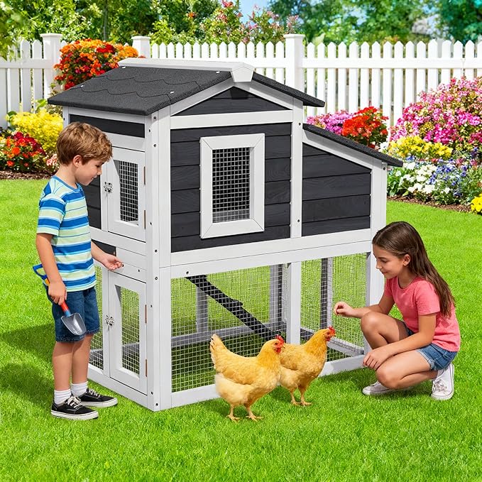 Chicken Run Coop, Wooden Duck Coop Outdoor 2-Tier Hen House All Weather Used Poultry Quail Cage Rabbit Hutch Pet Hideout with Ramp for Small Medium Animals(Grey)