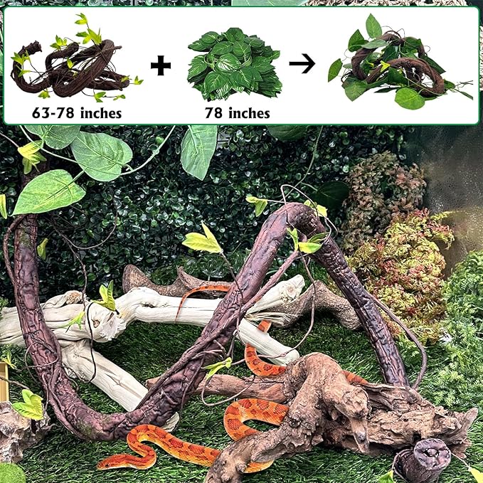 VCEPJH Extra Large Reptile Vines Thick Terrarium Plants 78 Inches Long Flexible Climbing Branch with Leaves Snake Tank Accessories Greenery Habitat Decor for Bearded Dragon Chameleon Gecko Lizard