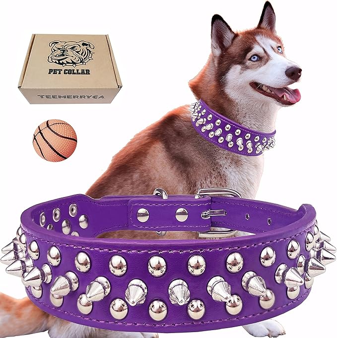 TEEMERRYCA Adjustable PU Leather Spiked Studded Dog Collars with a Squeak Ball Gift for Small Medium Large Pets Like Cats/Pit Bull/Bulldog/Pugs/Husky, Purple, XXL 19.7"-22.4"