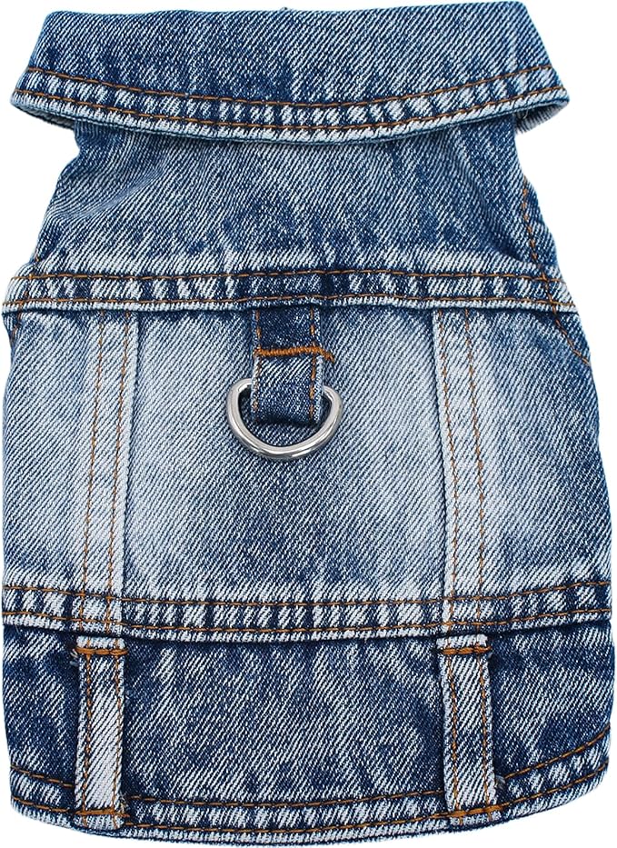 Puppy Clothes for Small Dogs Boy,Classic Western Denim Dog Coat,Dog Jeans Jacket with Leash D-Ring,Pet Cat Costumes,Cooling Harness Vest for Walking (Blue, Medium)