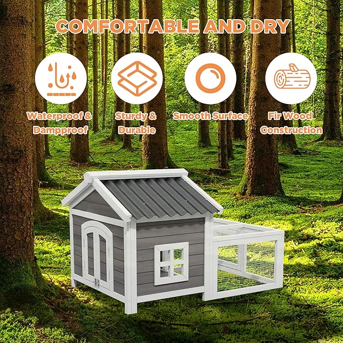 Rabbit Hutch Chicken Coop Outdoor Woden Small Animal Cage with Ventilated Wire Run, Weatherproof for Quail, Bunnies, Guinea Pigs