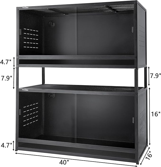 Stackable Space efficient PVC Reptile Enclosures 44 Gallon ToxiRium Large Reptile 40''x16''x16 Tank for Bearded Dragon Lizard Snake,Wide Breeding Vivarium with Sliding Doors Lock-2pcs with spacers