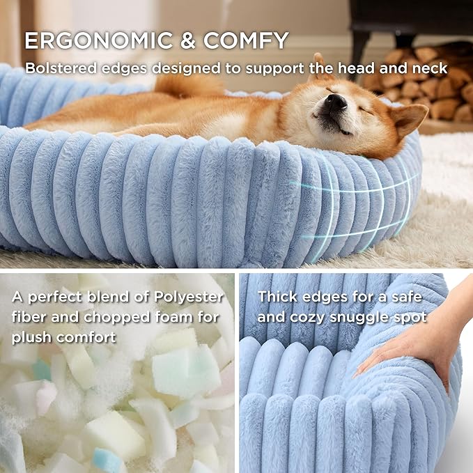 Bedsure Washable Dog Bed for Medium Dogs - Cute Furry Puppy Beds, Rectangle Orthopedic Corduroy Fleece Pet Beds with Removable Zipper Cover, 20x19x6inches, Blue