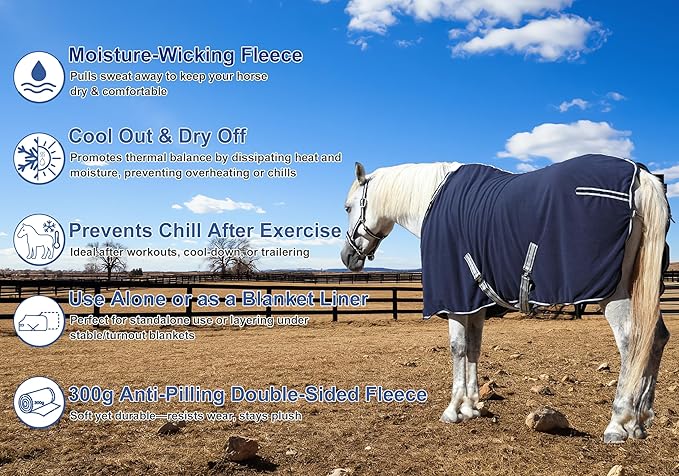 Horse Fleece Cooler, Blanket Liner - 300g Anti-Pilling Fleece, Moisture-Wicking, Cooling & Drying for Post-Workout, Bath & Travel, Prevent Overheating & Chilling Navy 72