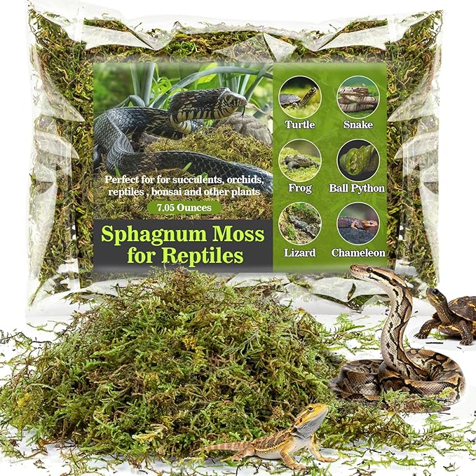 Sphagnum Moss for Reptiles - 7 Oz Reptile Moss Peat Terrarium Moss Bedding Reptiles Lizard Substrate for Reptile Tank, Snake, Leopard Gecko, Ball Python, Crested Gecko, Turtle, Frog, Hamster