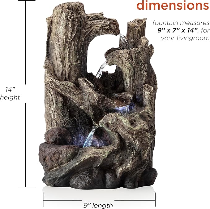 Alpine Corporation WIN786S Indoor 5 Tiered Rainforest Tree Trunk Tabletop Waterfall Fountain with LED Lights, 14" Tall, Brown