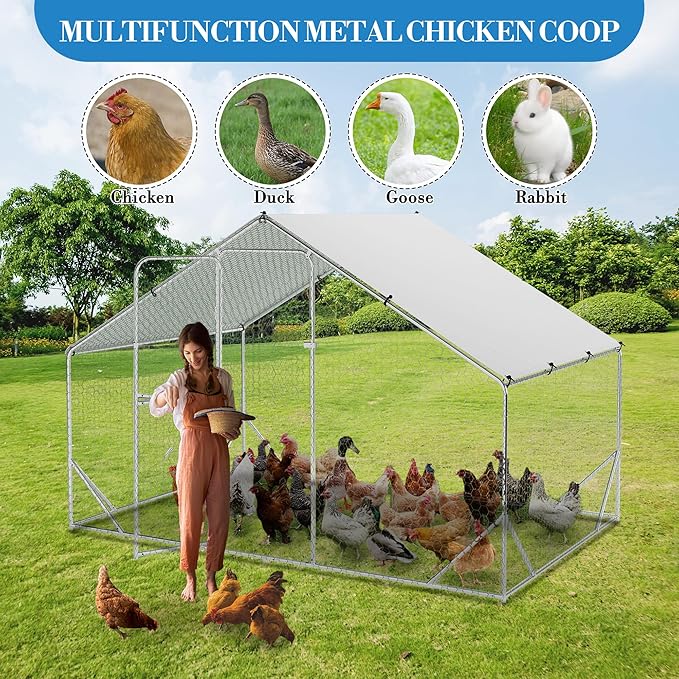 Large Metal Chicken Coop Run,Outdoor Walk-in Cage Peak Hen House with Waterproof and Anti-Uv Cover,Spire Roof Hen House with Security Lock for Outdoor,Backyard and Farm, 9.8 x 6.5 x 6.5 ft